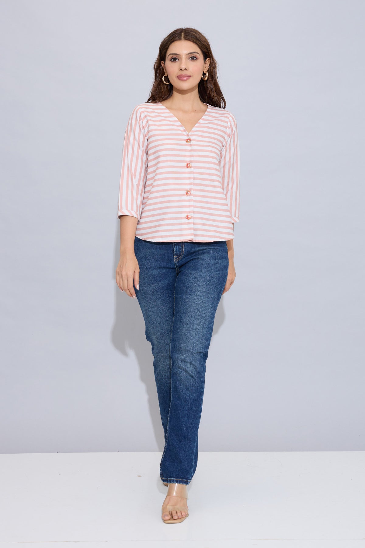 Orange Stripe Button Cotton Top