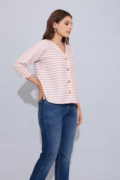 Orange Stripe Button Cotton Top