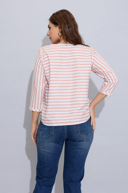 Orange Stripe Button Cotton Top