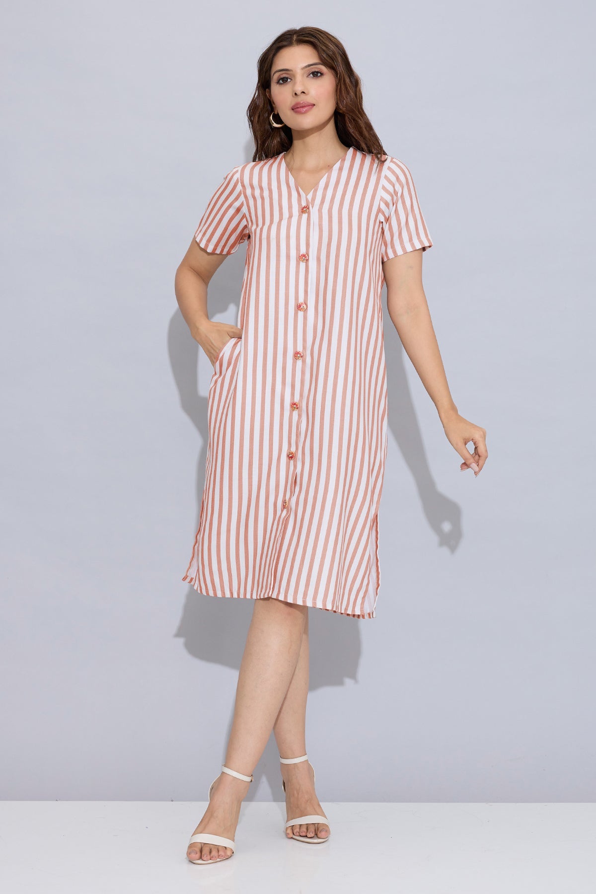 Buy Orange Stripe Button Down Dress by SNEHA B