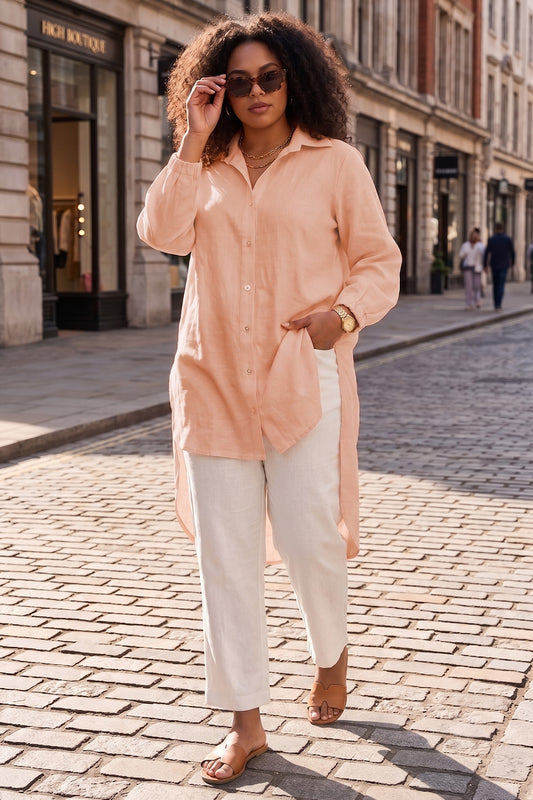 Peach High Low Buttoned Shirt