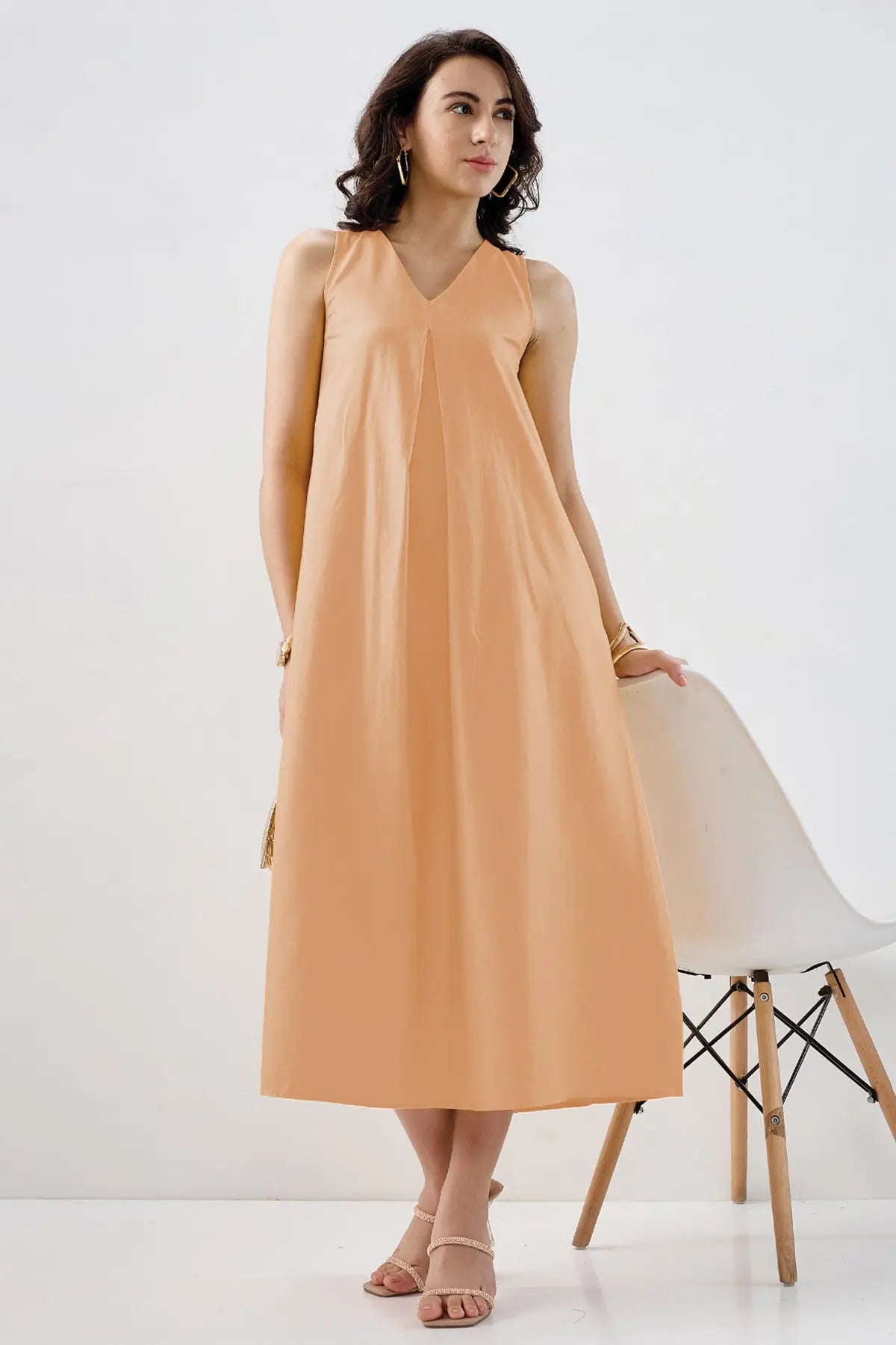 Shop Peach Box Pleated Cotton Dress by SNEHA B