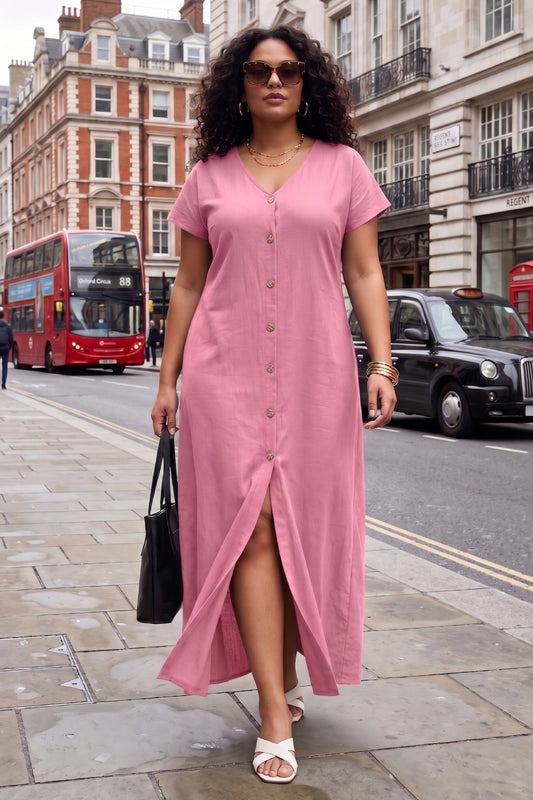 Pink Cotton Maxi Buttoned Dress