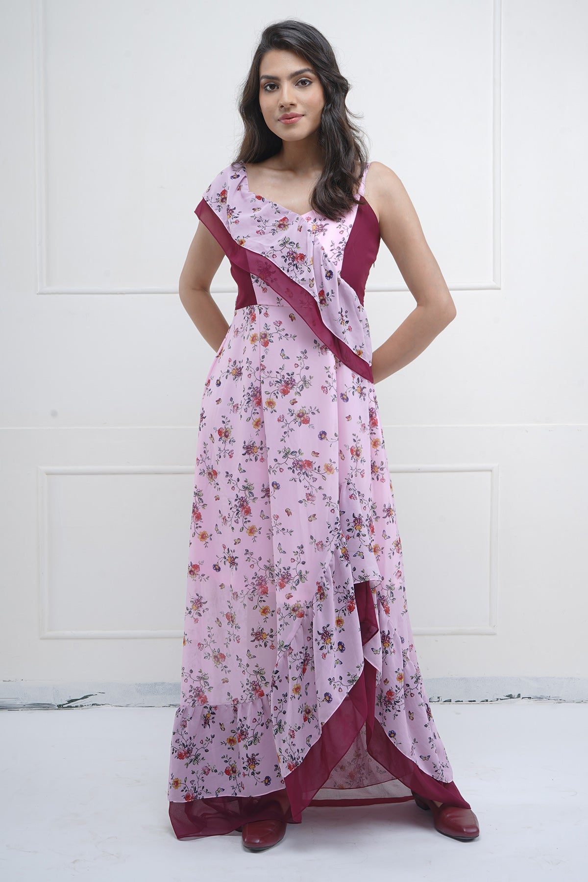 Pink Maroon Ruffle Print Dress