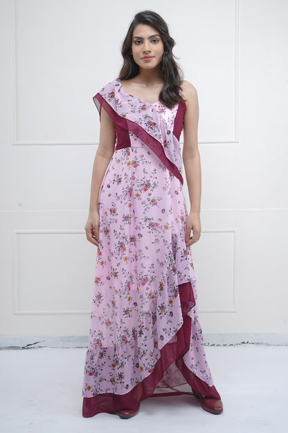 Pink Maroon Ruffle Print Dress