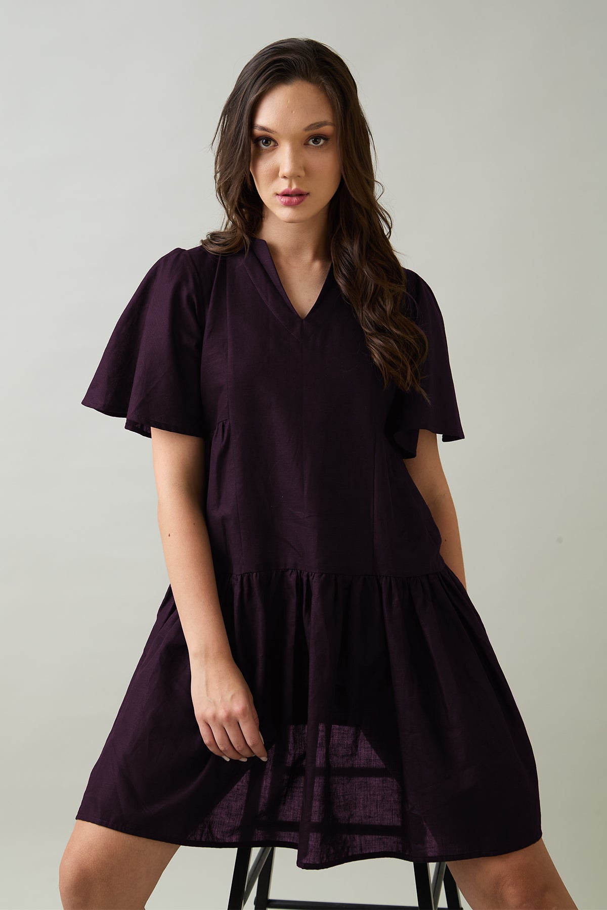 Buy Plum Cotton Linen Flare Dress by SNEHA B