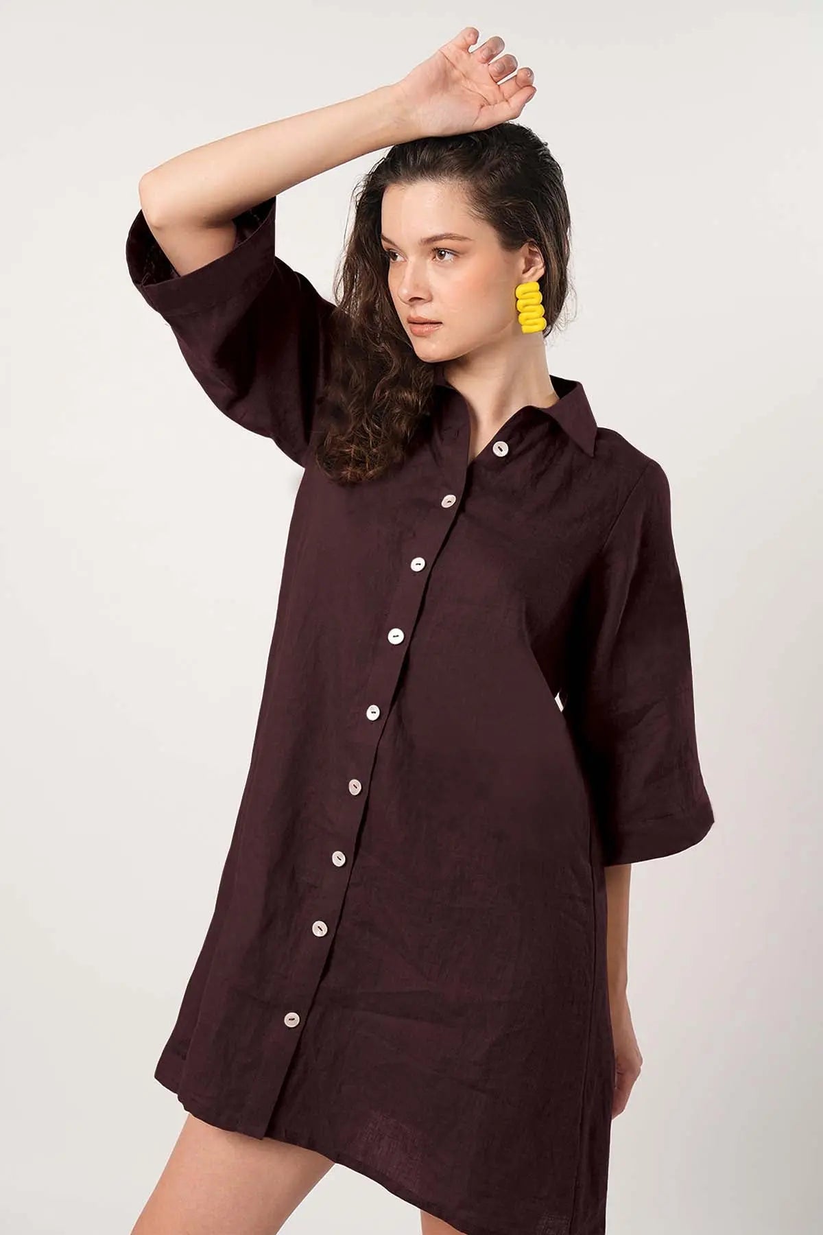 Plum Cotton Linen Shirt Dress SNEHA B
