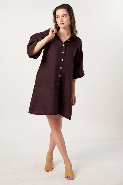 Plum Cotton Linen Shirt Dress SNEHA B