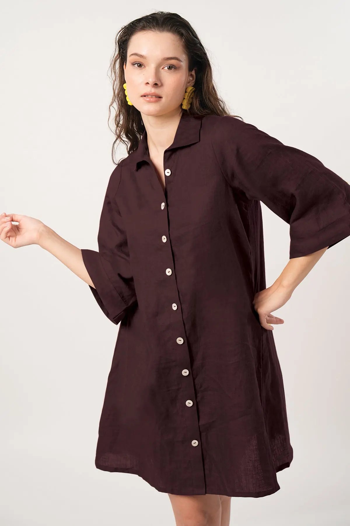 Shop Plum Cotton Linen Shirt Dress by SNEHA B