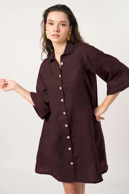Shop Plum Cotton Linen Shirt Dress by SNEHA B