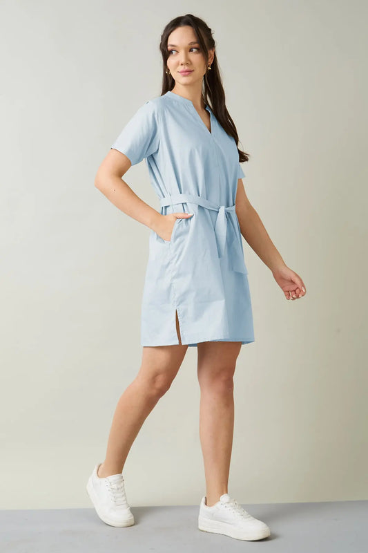 Shop Powder Blue Cotton Dress & Belt by SNEHA B