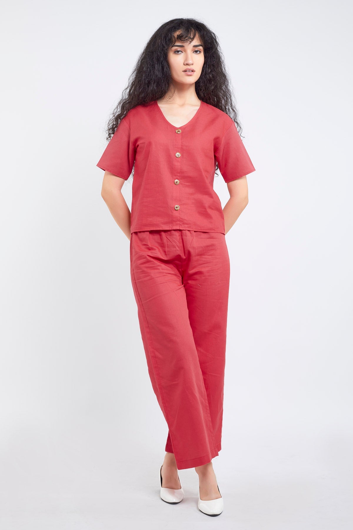 Red Cotton Linen Ankle Pant