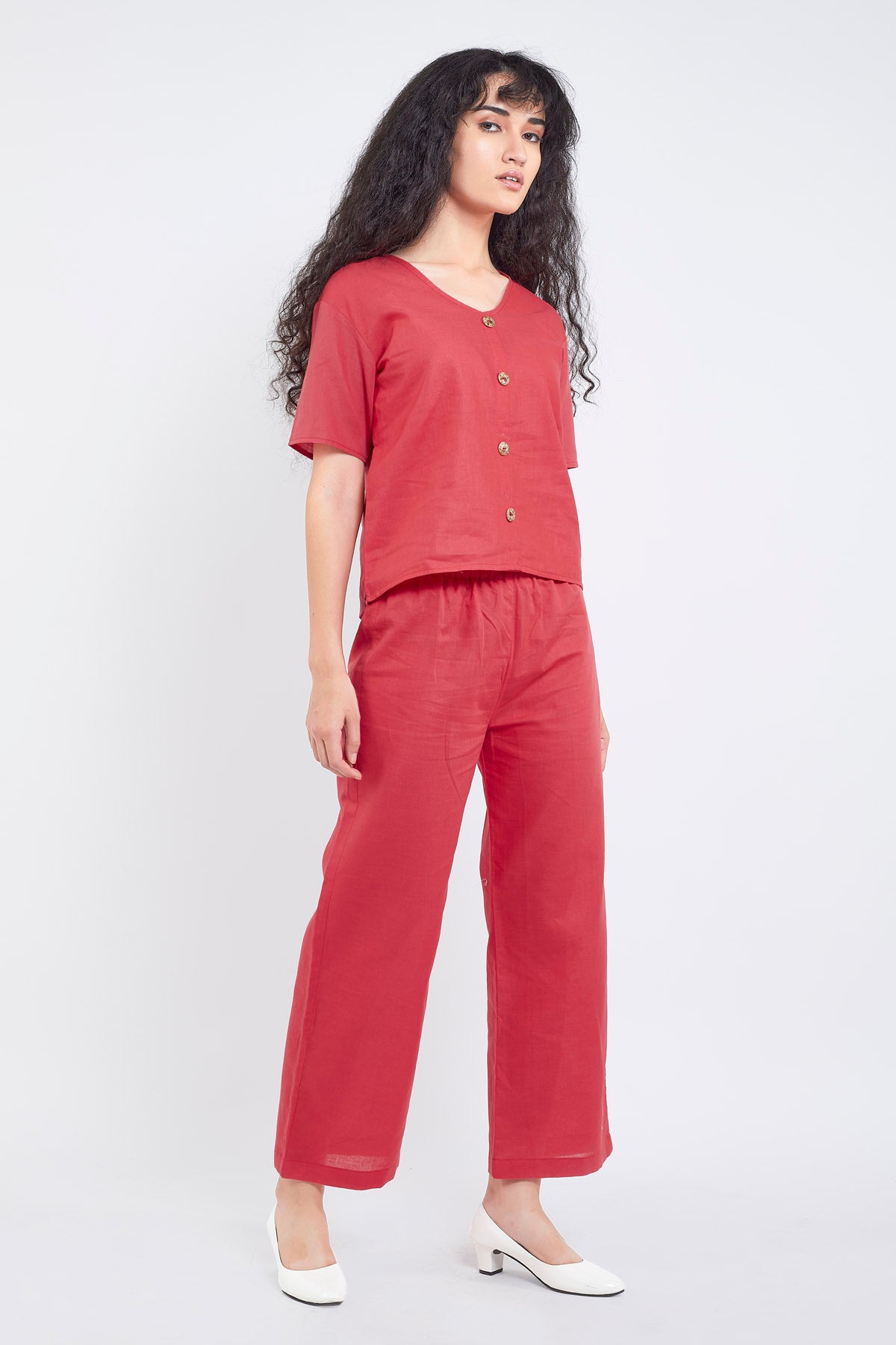 Red Cotton Linen Button Top