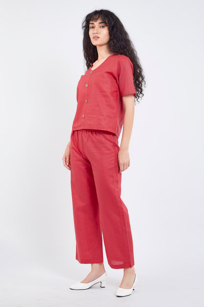Red Cotton Linen Button Top