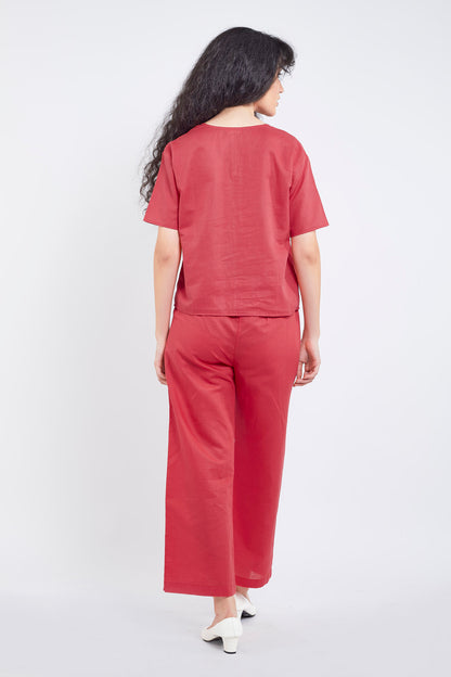 Red Cotton Linen Button Top