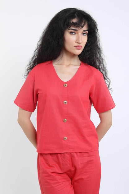 Red Cotton Linen Button Top