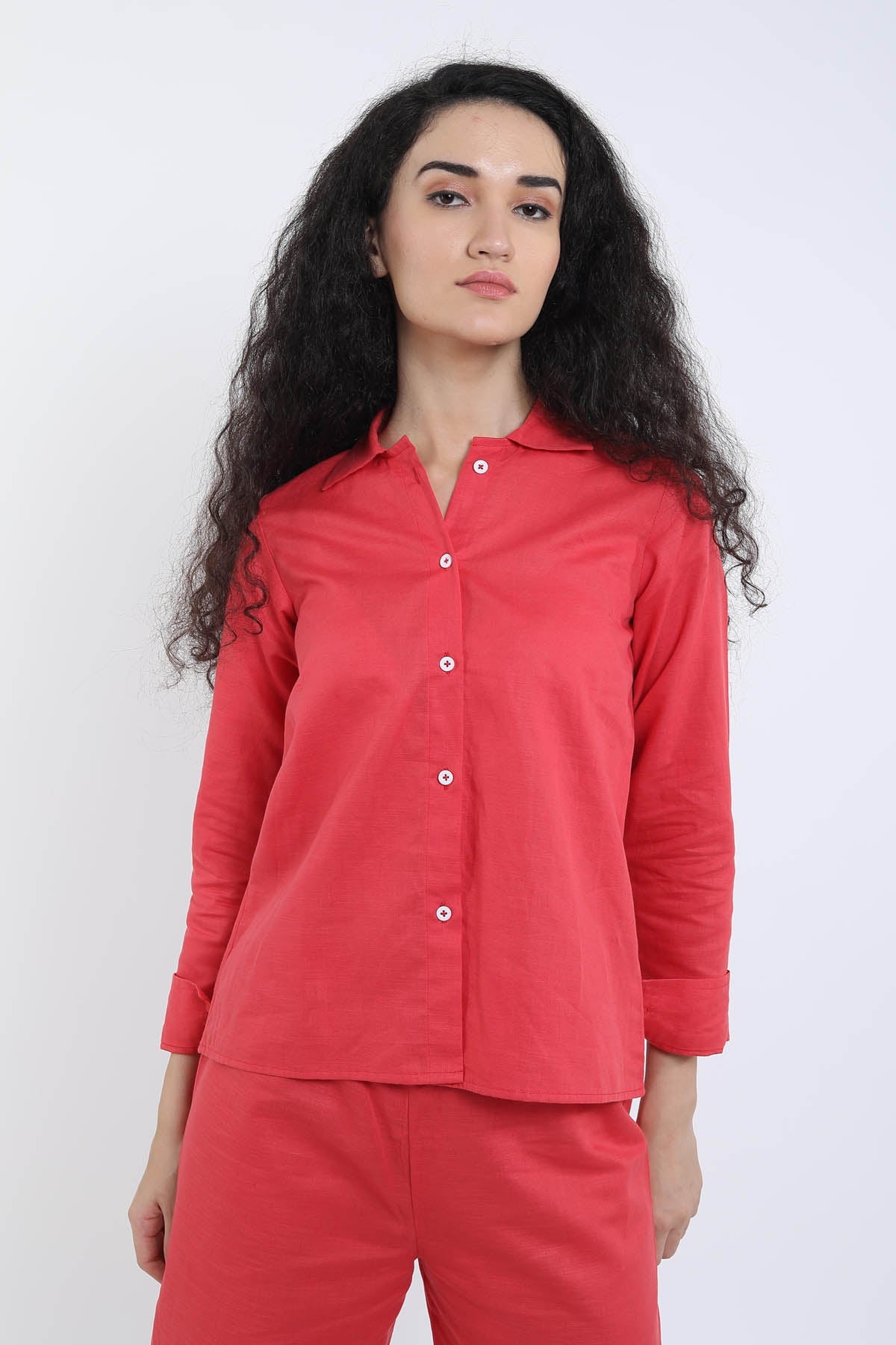 Red Cotton Linen Collar Shirt