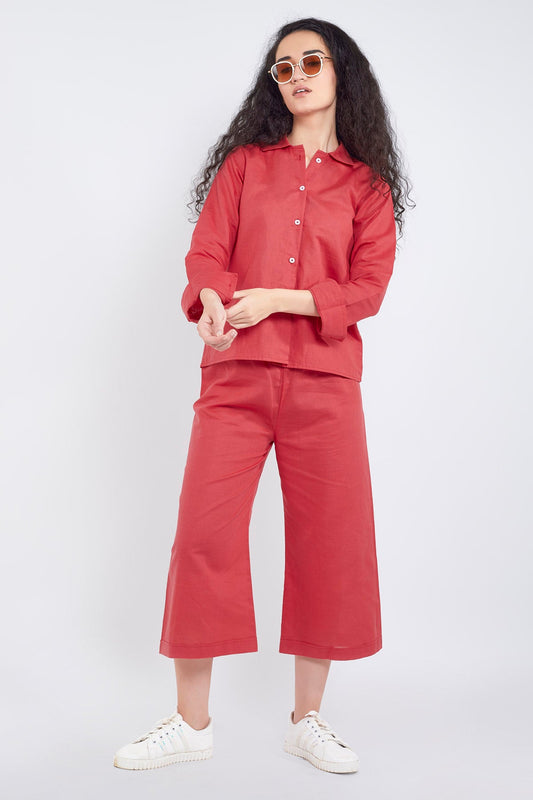 Red Cotton Linen Flare Pant