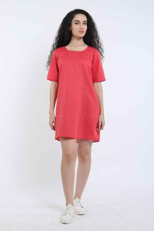 Red Cotton Linen Loose Dress