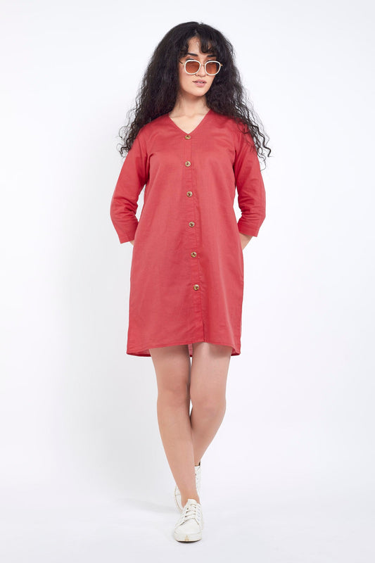 Red Cotton Linen Mini Dress