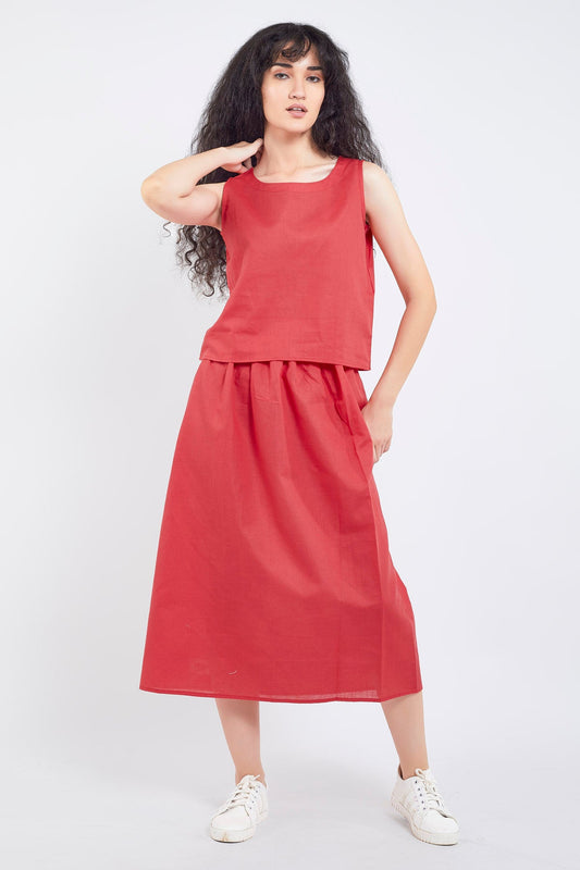 Red Cotton Linen Skirt Set