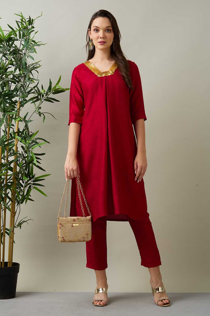 Red Silk Straight Kurta & Pants