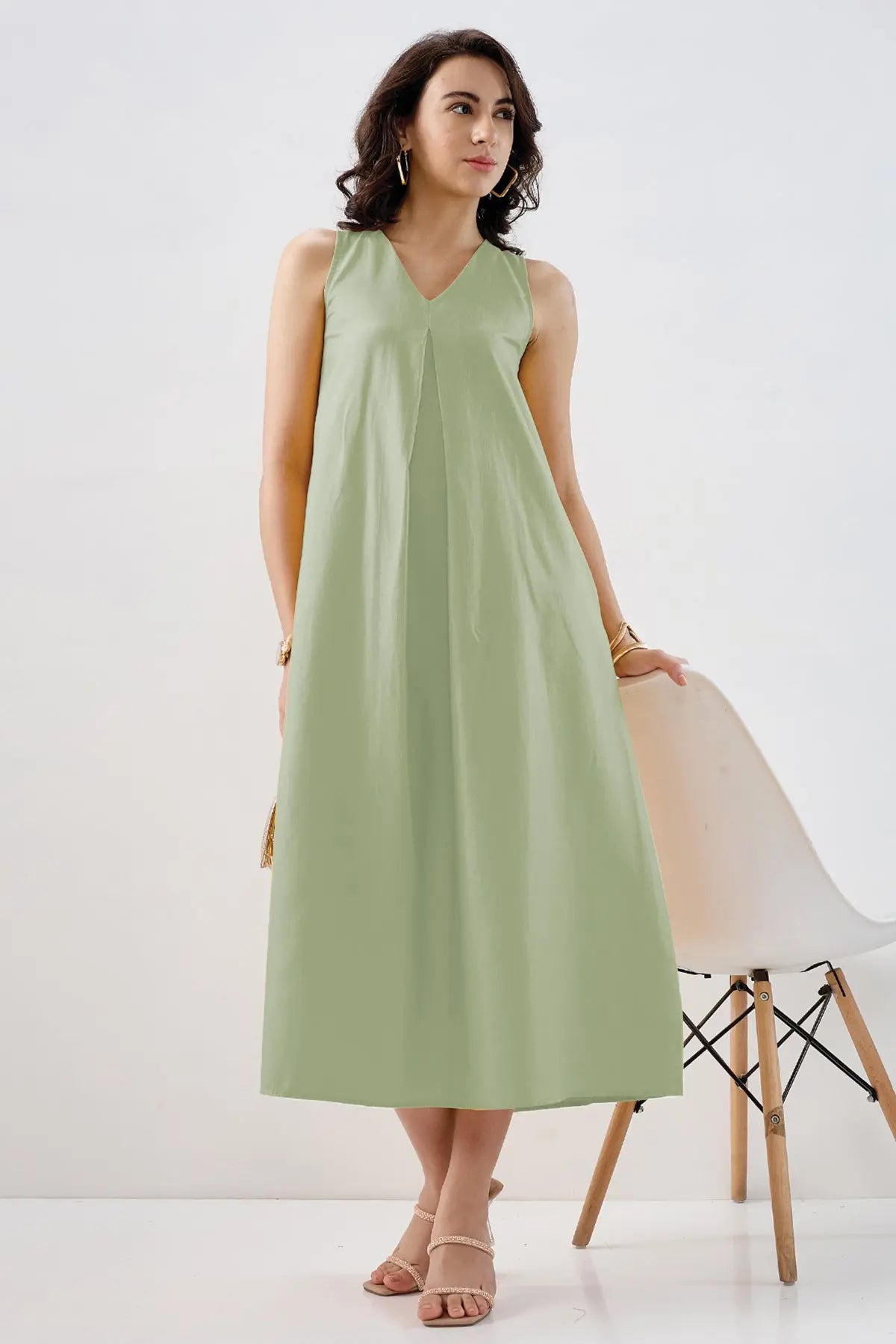 Sage Box Pleated Cotton Dress SNEHA B