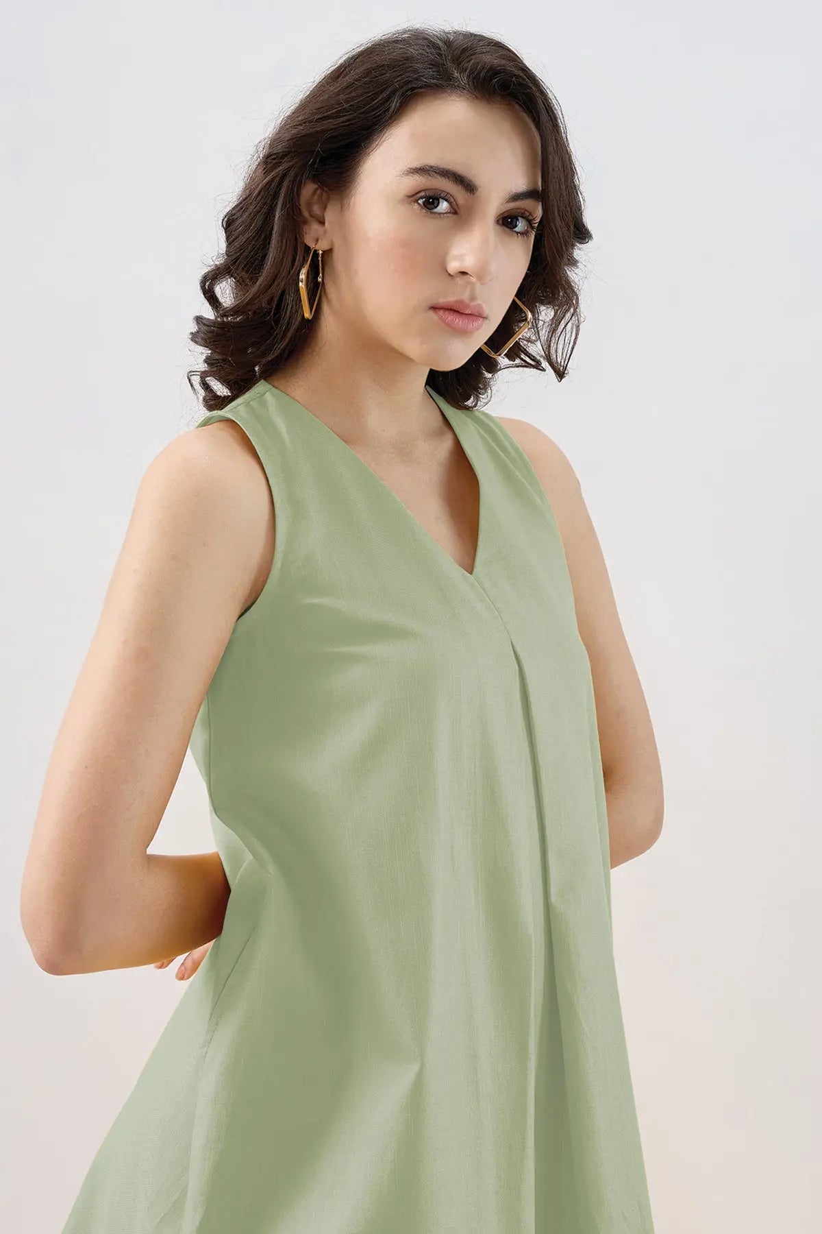 Sage Box Pleated Cotton Dress SNEHA B