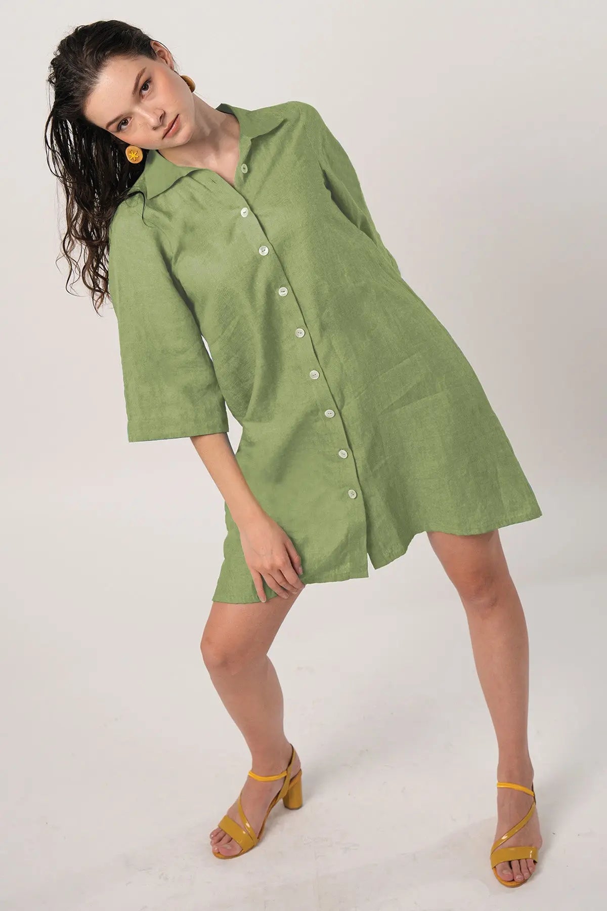 Shop Sage Green Button Shirt Dress by SNEHA B
