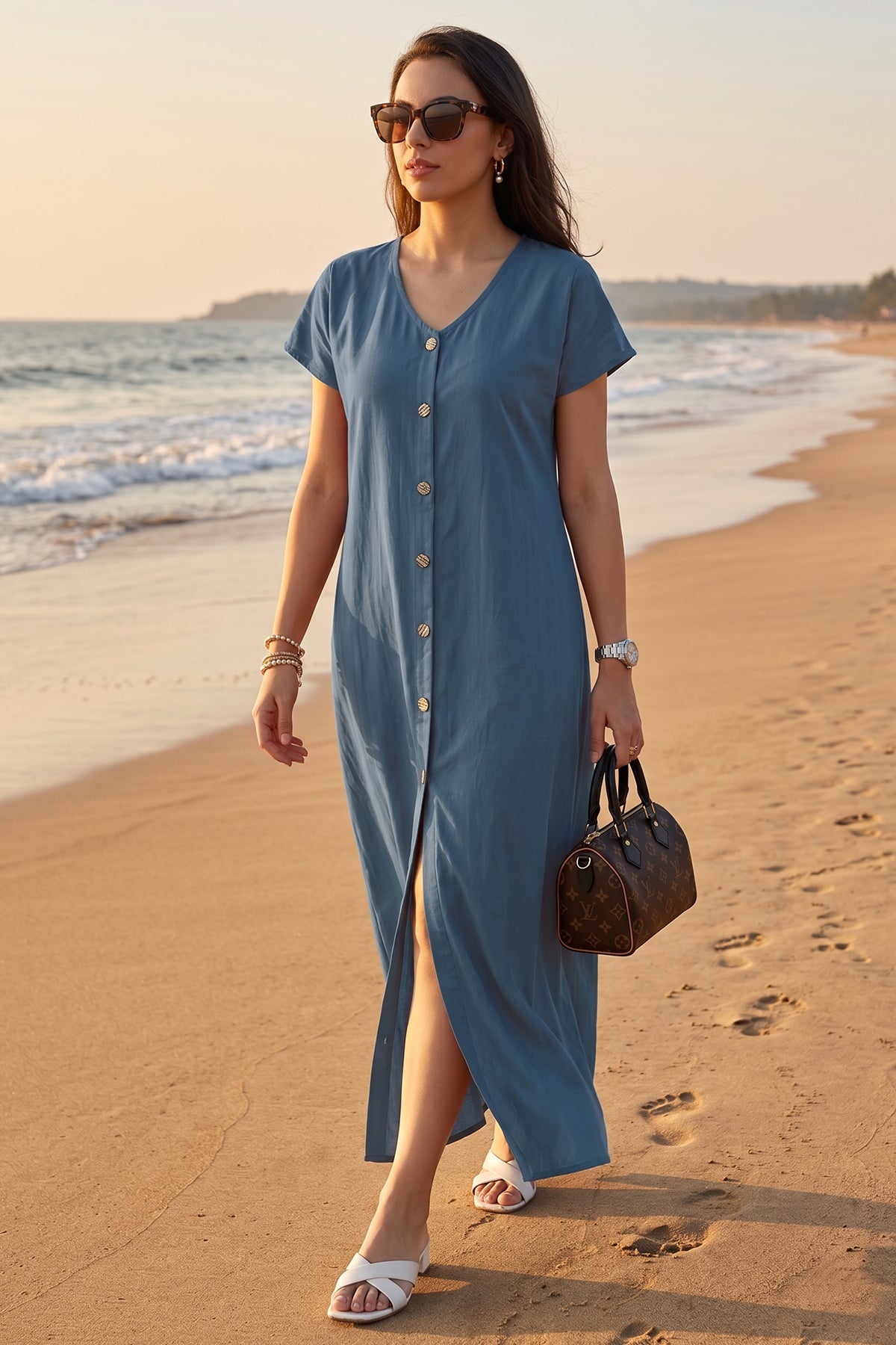 Steel Blue Cotton Button Dress