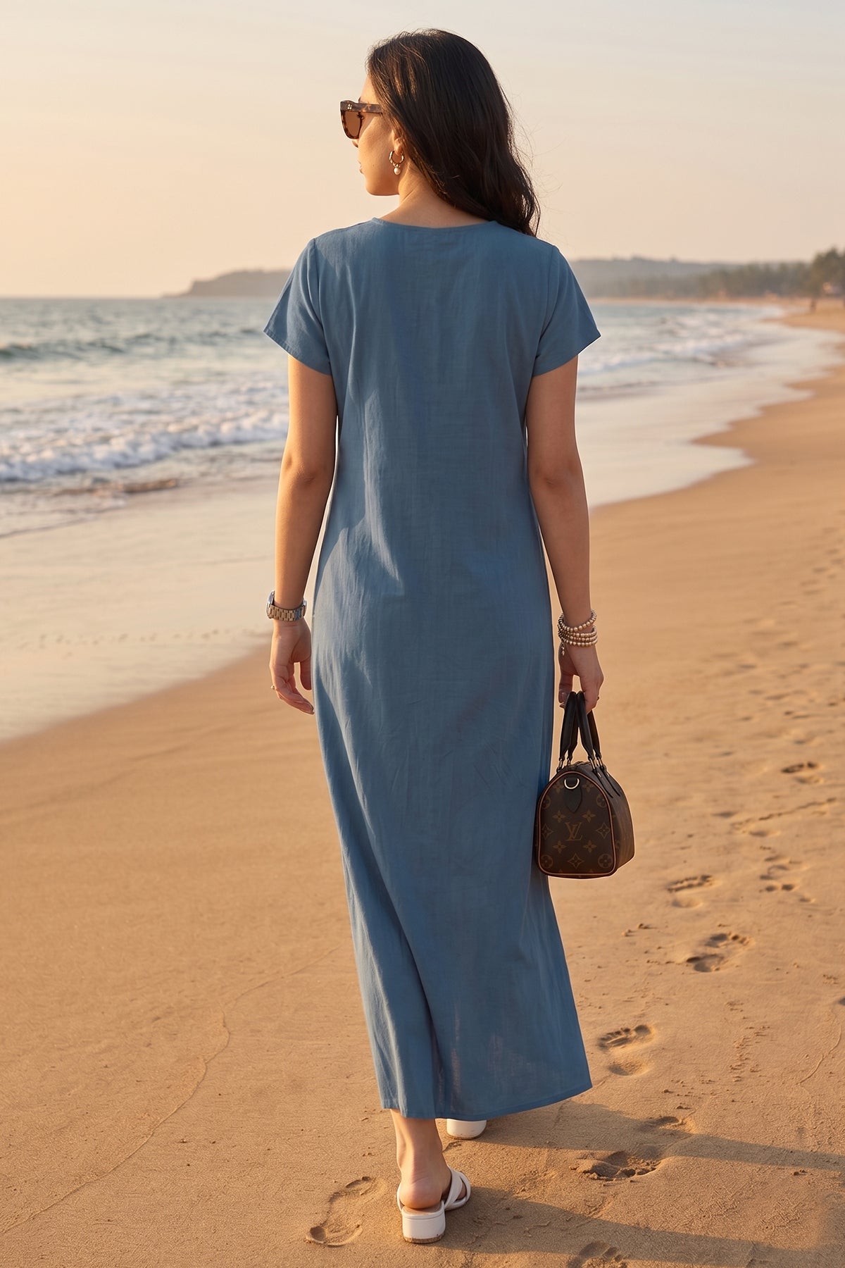 Steel Blue Cotton Button Dress