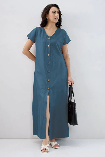 Shop Steel blue Cotton Button Dress by SNEHA B