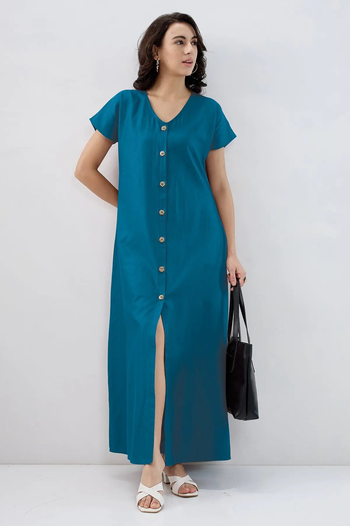 Teal Blue Cotton Button Dress SNEHA B