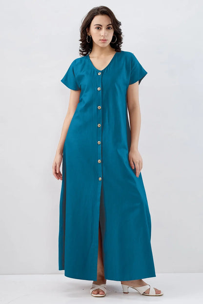 Shop Teal Blue Cotton Button Dress by SNEHA B