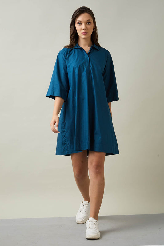 Buy Teal Blue Cotton Flare Dress by SNEHA B