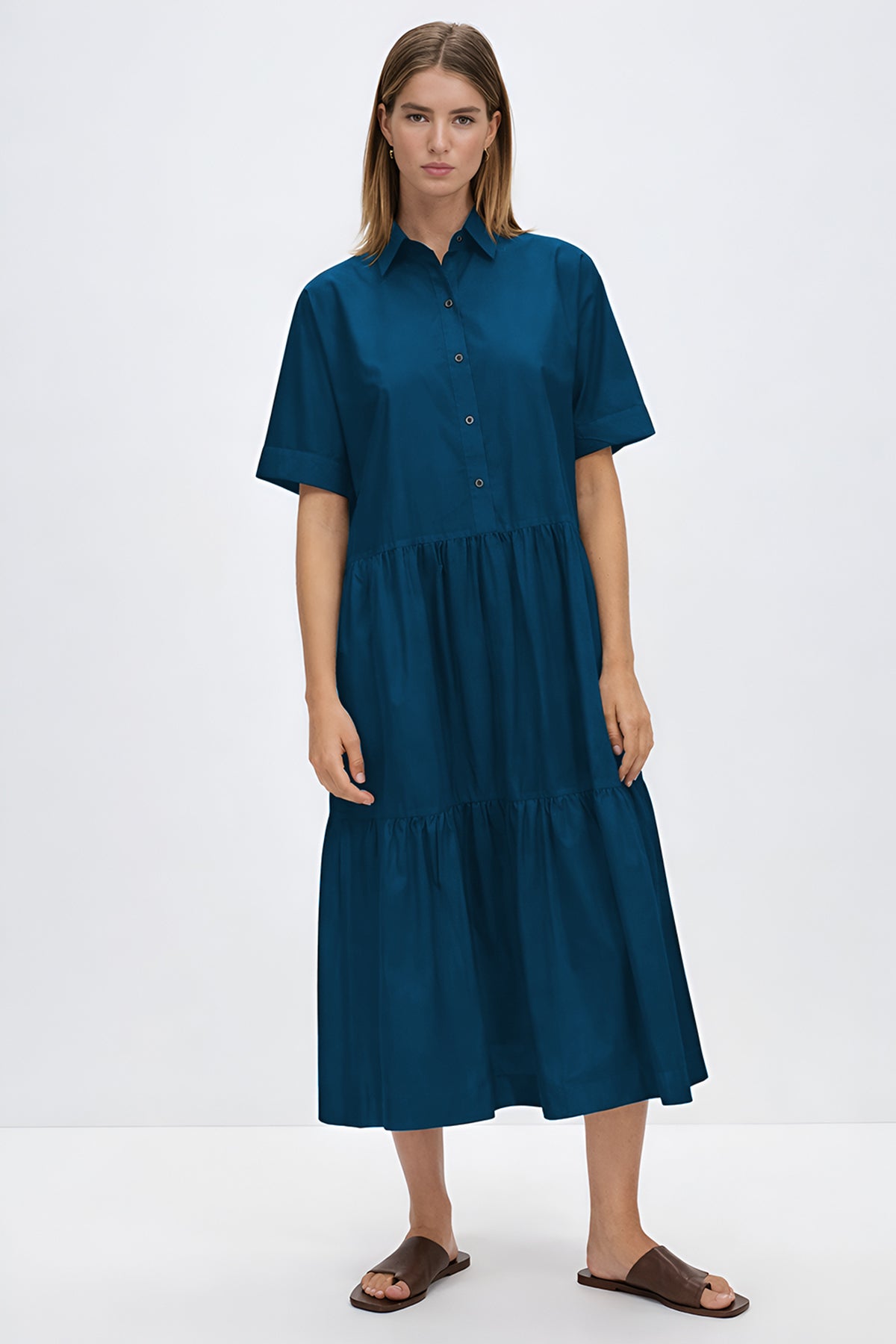 Shop Teal Button Tiered Midi Dress for women by SNEHA B