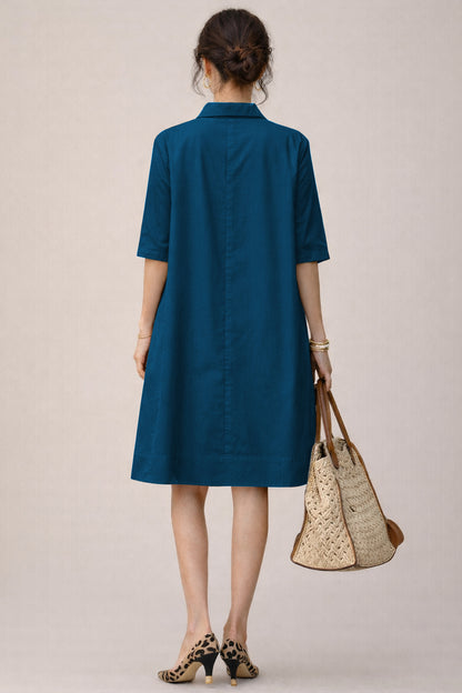 Teal Cotton Box Pleated Dress