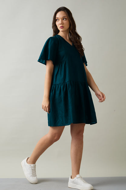 Teal Cotton Linen Flare Dress