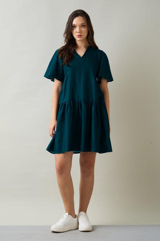 Buy Teal Cotton Linen Flare Dress by SNEHA B