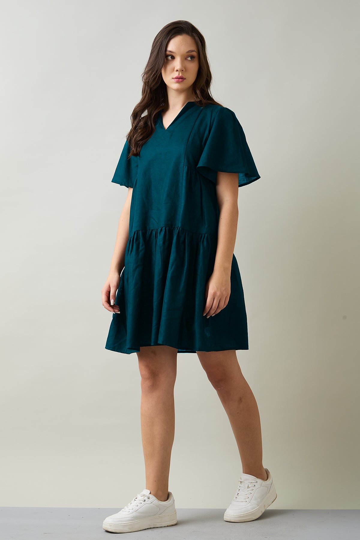Teal Cotton Linen Flare Dress