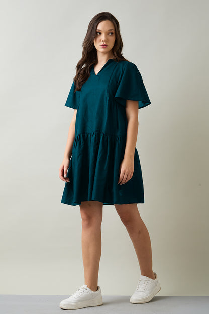 Teal Cotton Linen Flare Dress