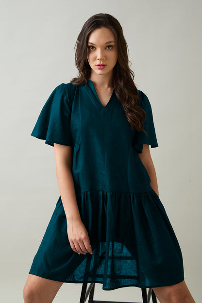 Teal Cotton Linen Flare Dress