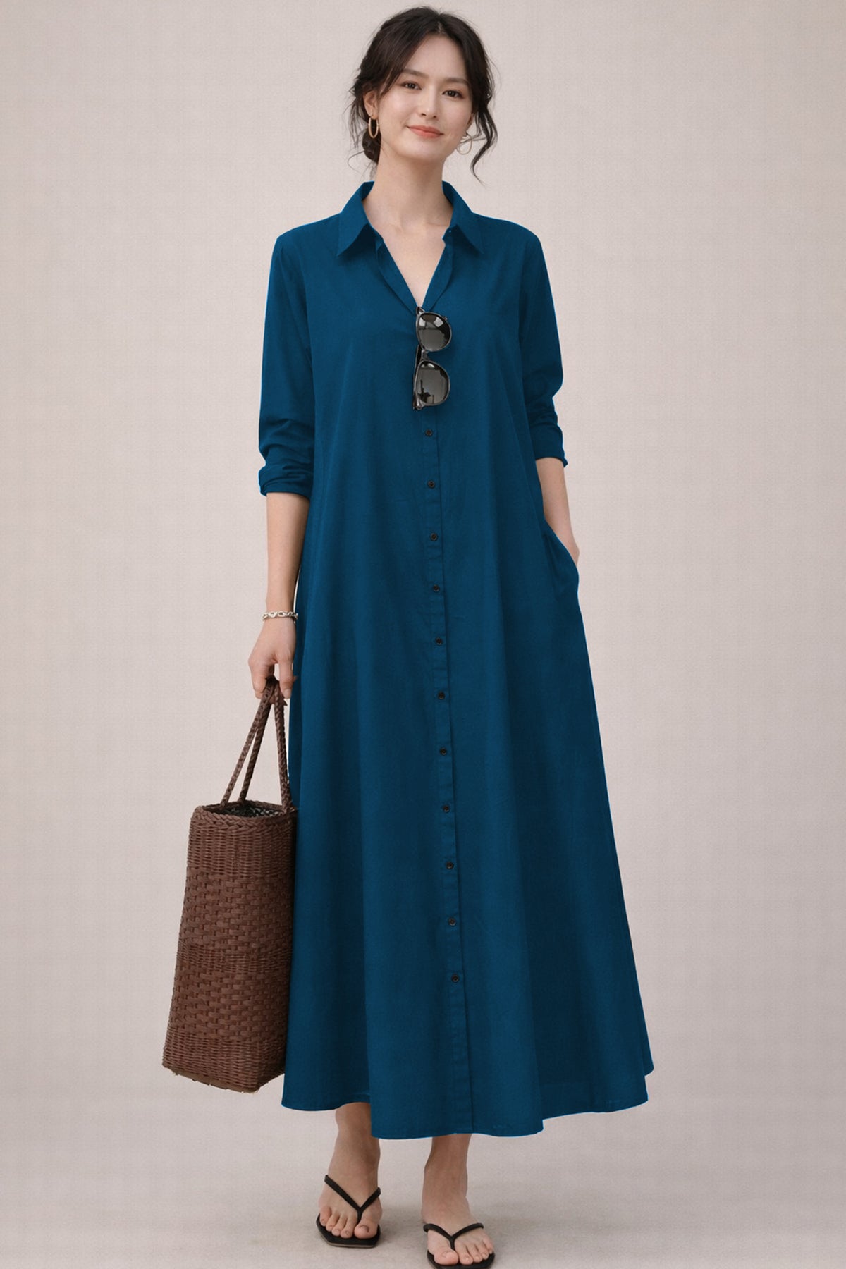 Shop Teal Cotton Maxi Shirt Dress for women by SNEHA B