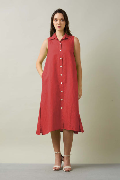 Tomato Sleeveless Shirt Dress