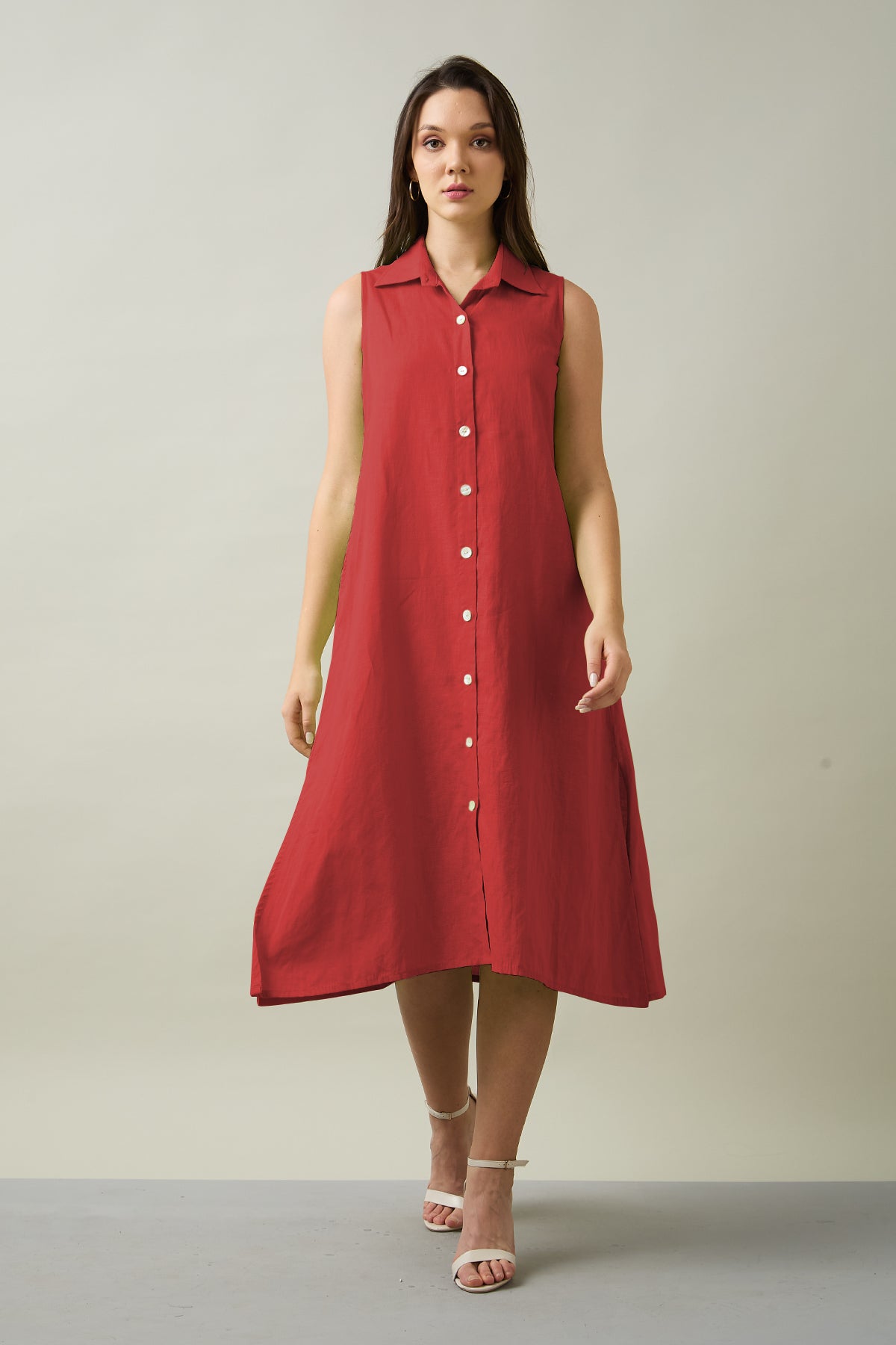 Tomato Sleeveless Shirt Dress