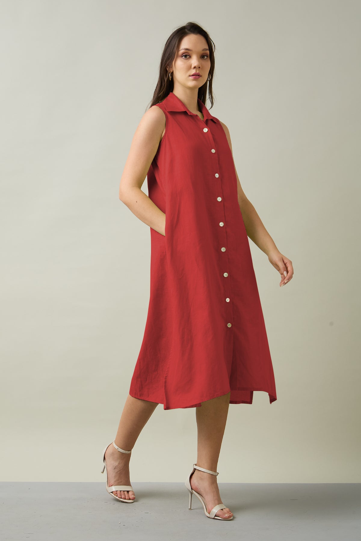 Tomato Sleeveless Shirt Dress