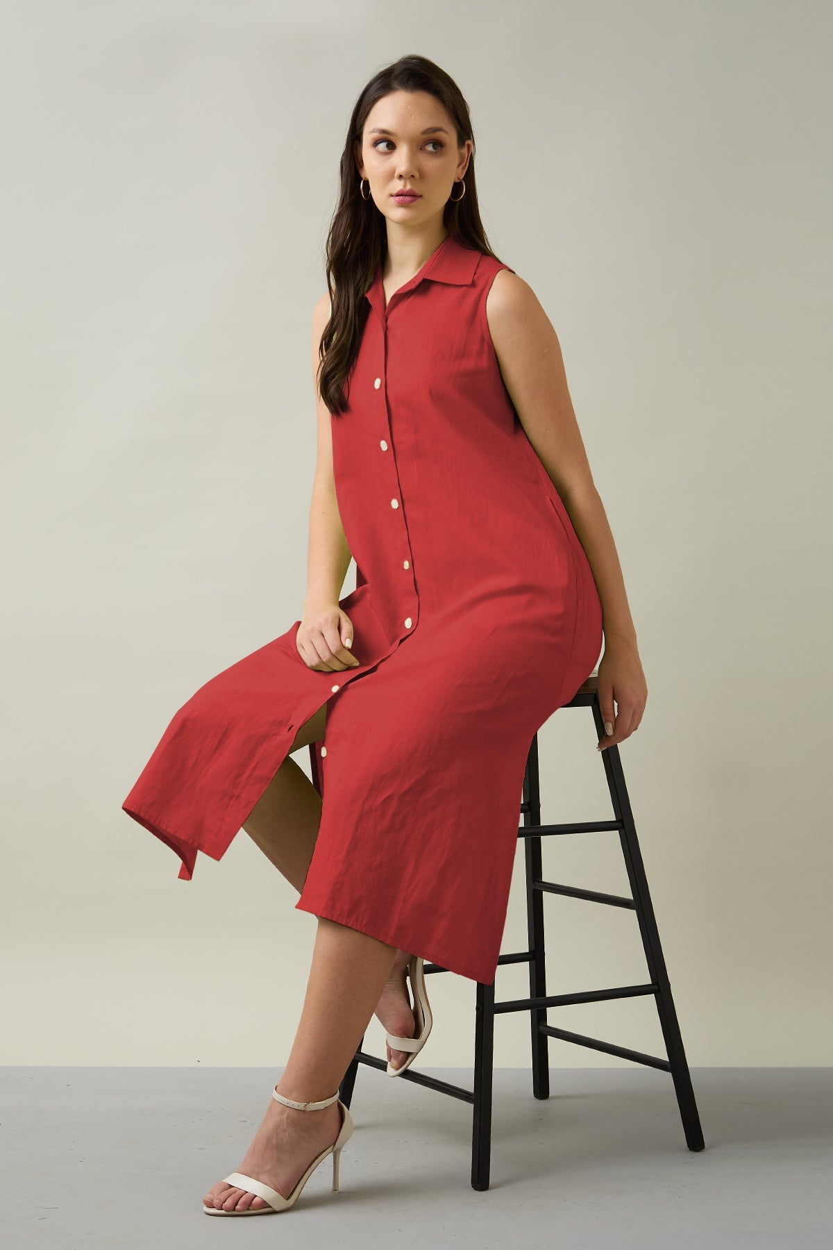 Buy Tomato Sleeveless Shirt Dress by SNEHA B
