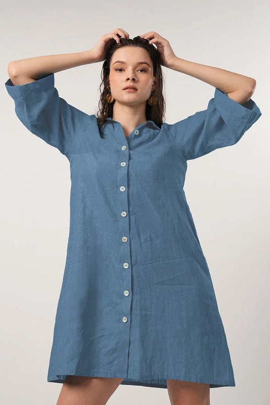Shop True Blue Buttoned Shirt Dress by SNEHA B