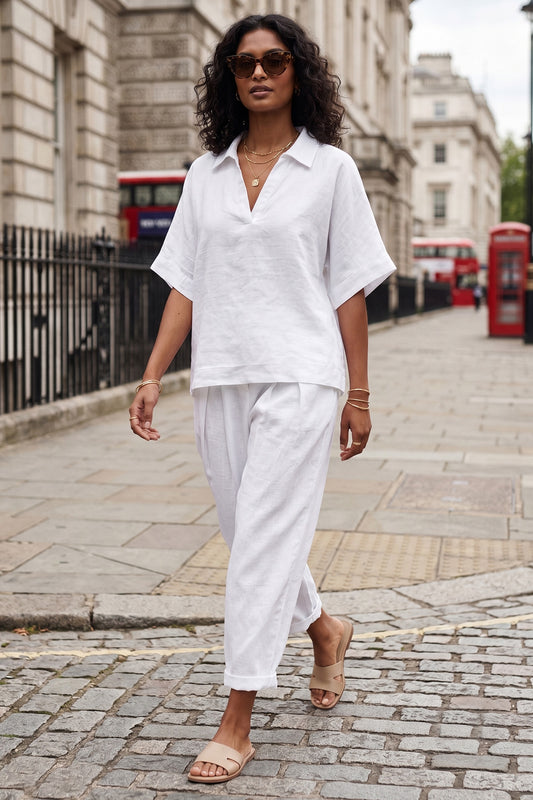 White Half Sleeves Collar Top