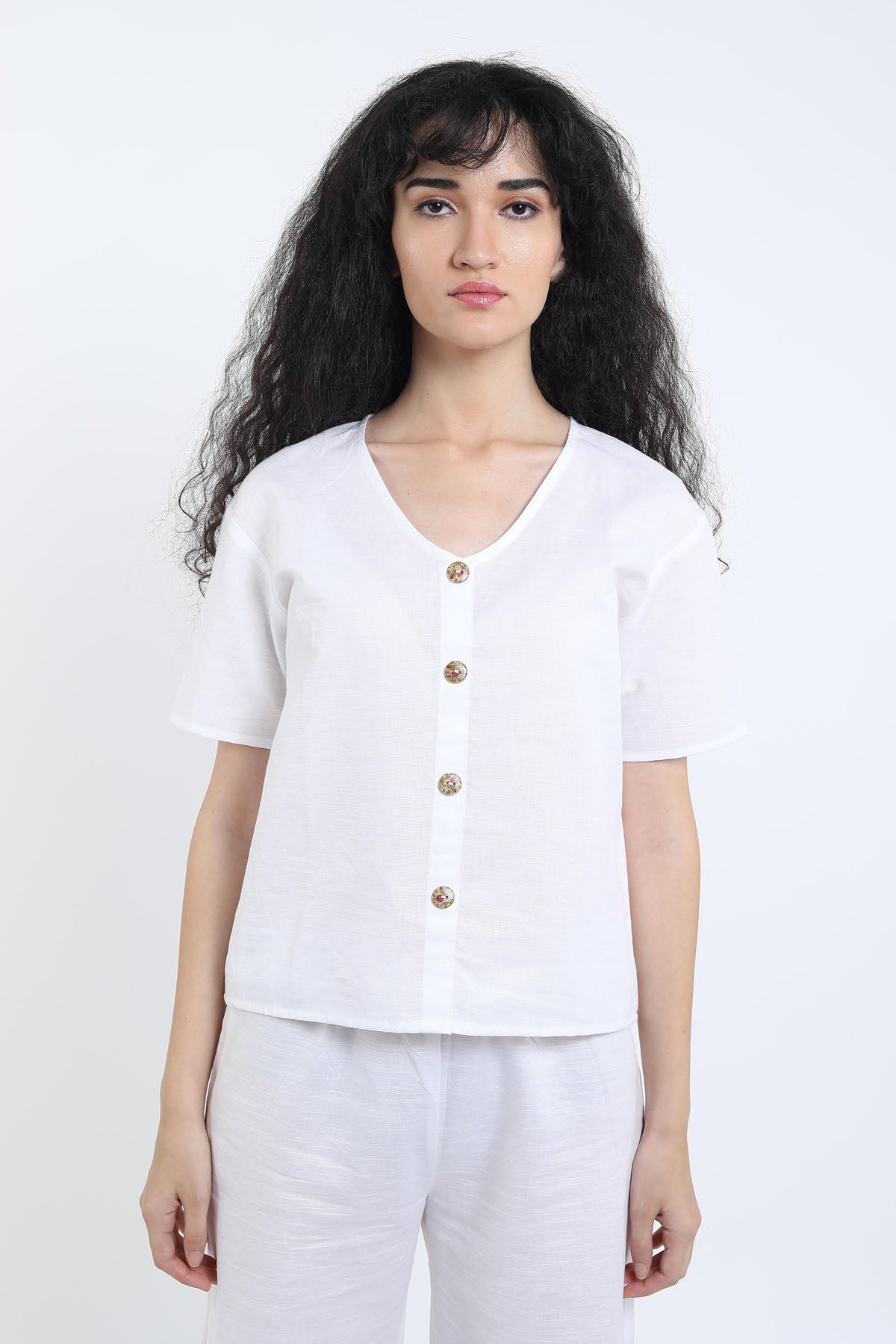 White Cotton Linen Button Top